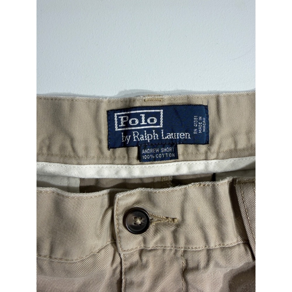 VTG Polo Ralph Lauren Andrew Shorts Mens 33 Khaki Tan Pleated Cotton Chino Macau
